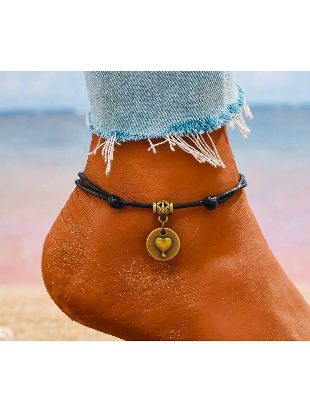New - Vintage Style - Dangle Heart - Braided Adjustable Ankle Bracelet